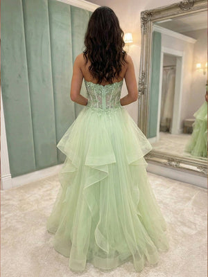 V Neck Lace Appliques Tiered A Line Prom Dresses