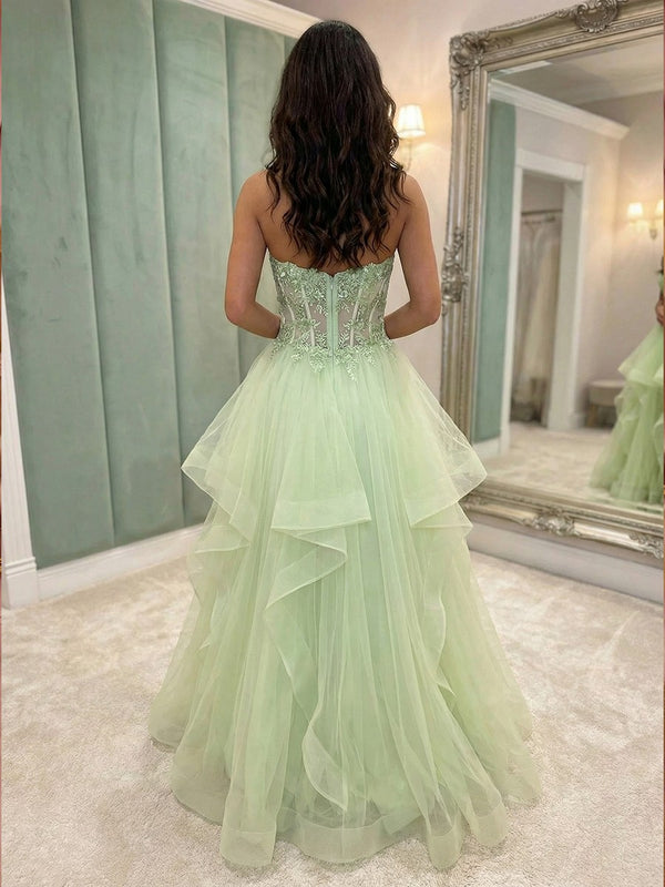 V Neck Lace Appliques Tiered A Line Prom Dresses