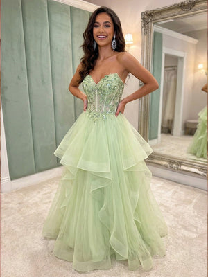 V Neck Lace Appliques Tiered A Line Prom Dresses