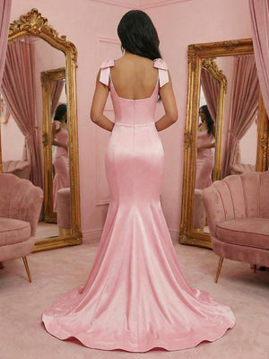 Spaghetti Straps Round Neck Mermaid Satin Sparkly Bow Prom Dresses