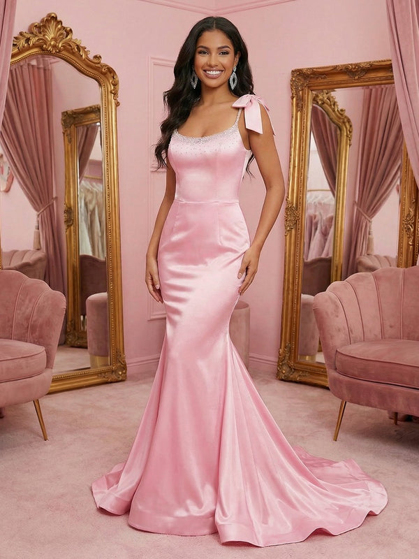 Spaghetti Straps Round Neck Mermaid Satin Sparkly Bow Prom Dresses