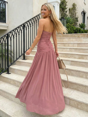 Chiffon Strapless Deep V-Neck Ruched Prom Dresses Pleated A-Line Maxi Evening Party Gowns with Slit