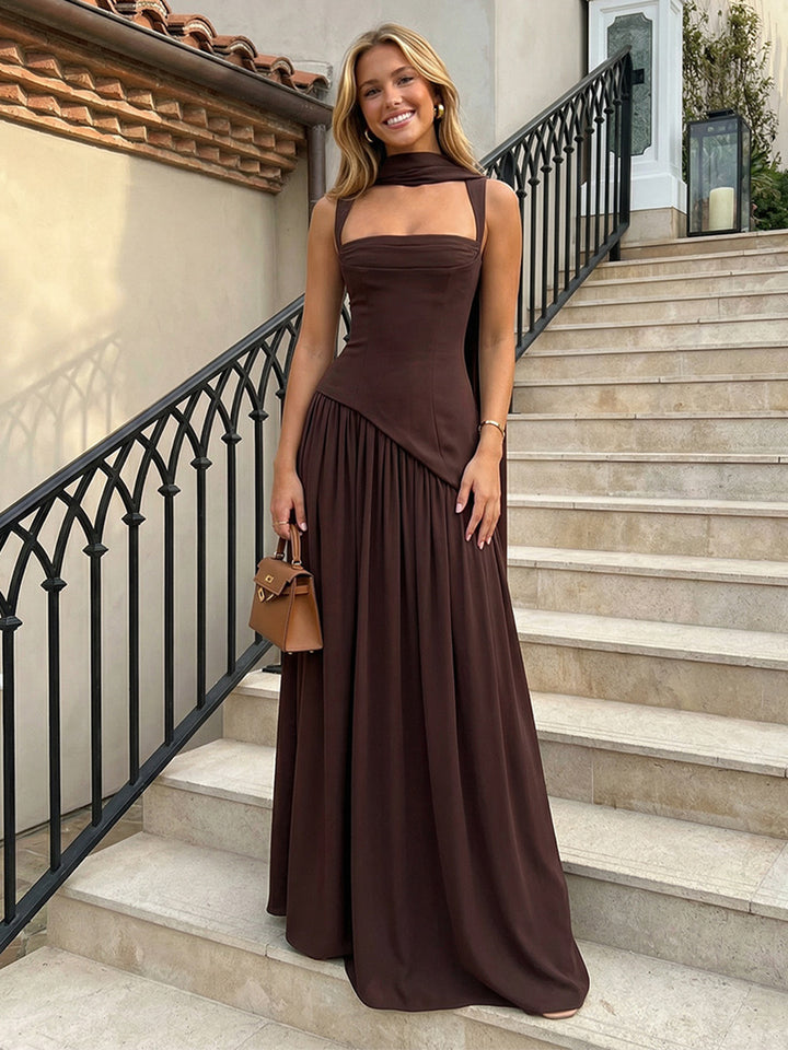Chiffon Square Neck Pleated Formal Dresses Ruched A-Line Maxi Evening Party Gowns with Scarf