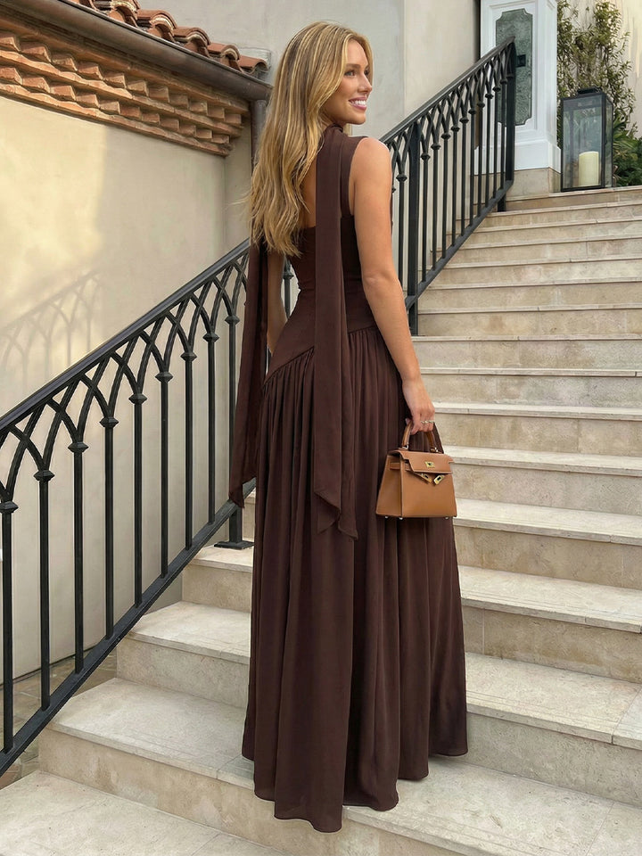 Chiffon Square Neck Pleated Formal Dresses Ruched A-Line Maxi Evening Party Gowns with Scarf