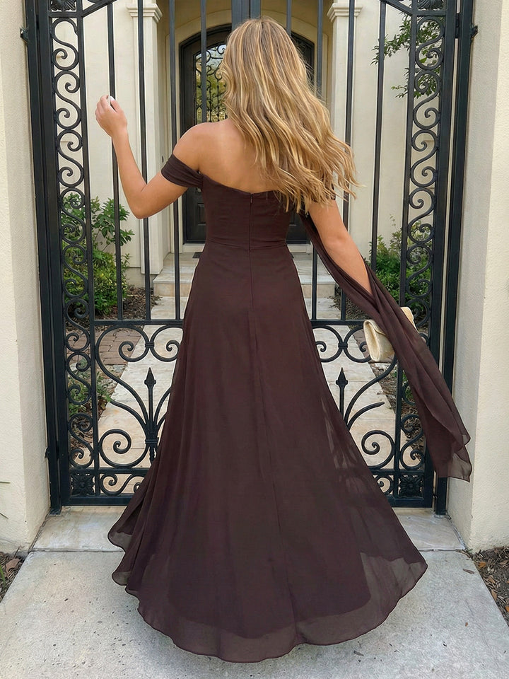 Chiffon Off Shoulder Ruched Formal Dresses Pleated A-Line Maxi Evening Party Gowns