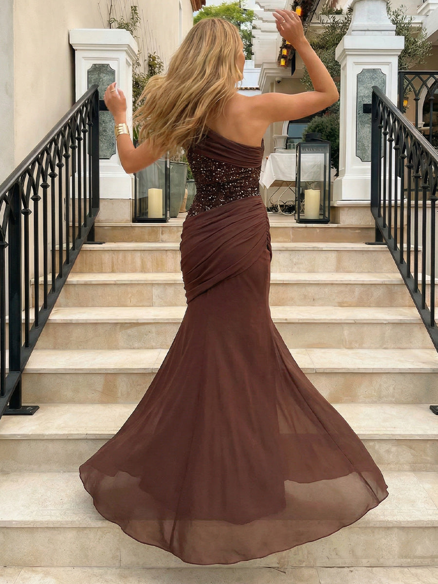 Chiffon One Shoulder Ruched Sequin Corset Sheath Maxi Formal Dresses