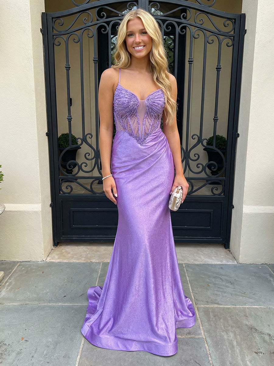 Satin Spaghetti Straps Sweetheart Ruched Waist Prom Dresses Sheer Mesh Corset Mermaid Maxi Evening Party Gowns with Beaded Embroidery