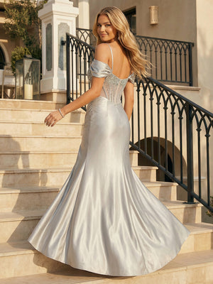 Satin Off Shoulder Sweetheart Ruched Waist Prom Dresses Corset Sheath Maxi Evening Gowns with Slit