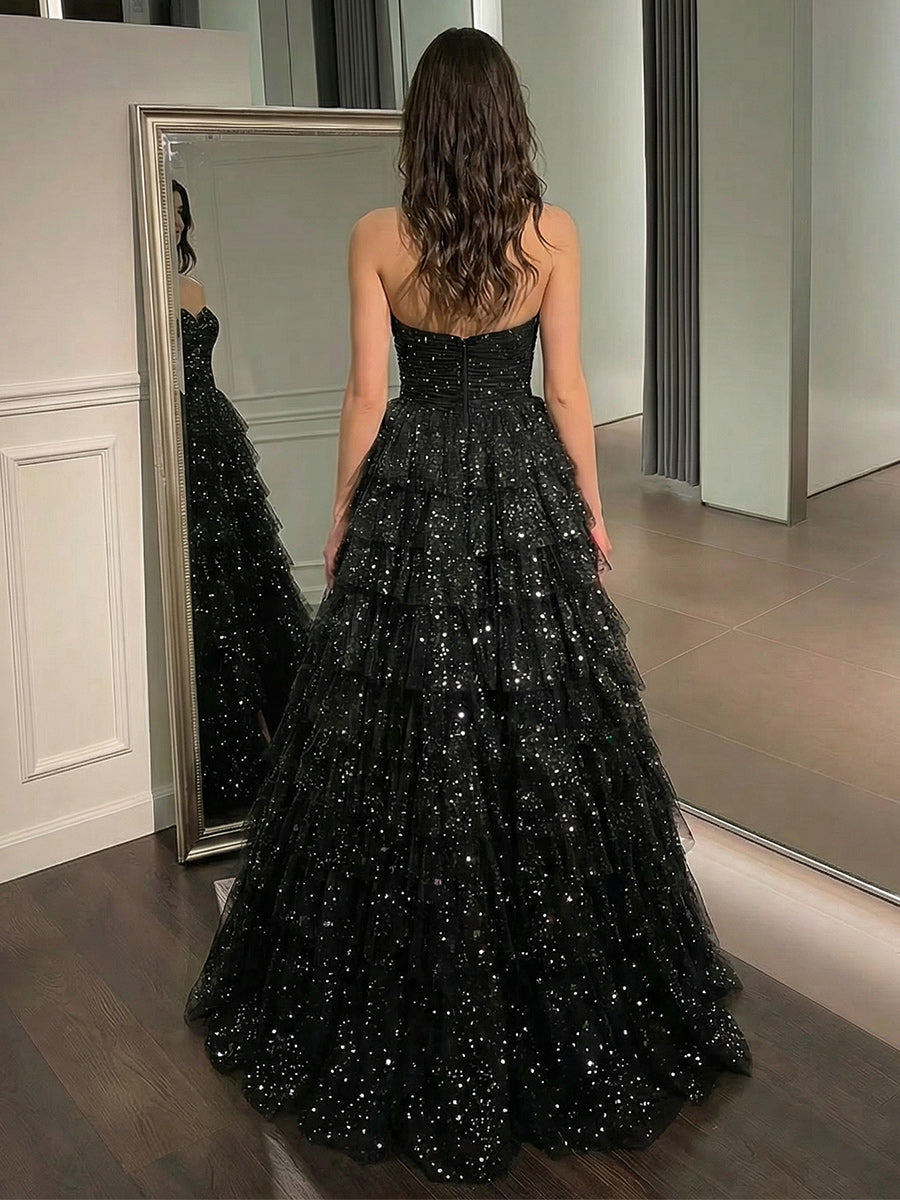 Sequin Strapless Layered Prom Dresses Maxi Evening Party Gowns