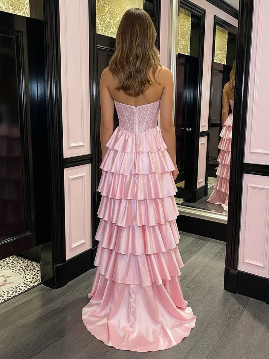 Satin Layered Prom Dresses A Line Evening Party Gowns