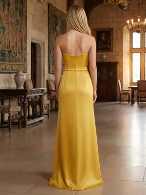 Strapless Satin Ruched Bodice Prom Dresses with Cascading Ruffle for Formal Evening Gowns