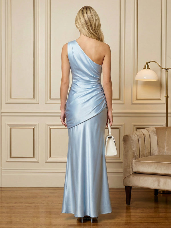 One Shoulder Satin Ruched Waist Prom Dresses for Evening Party Gowns
