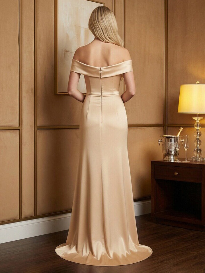 Off Shoulder Satin Ruched Bodice Formal Dresses for Evening Party Gowns