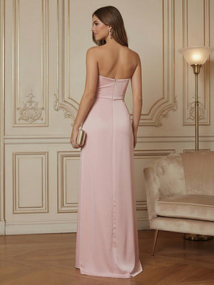Sheath Strapless Sweetheart Ruched Bodice Prom Dresses with Bow & High Slit