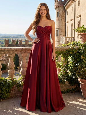 Strapless Sweetheart Ruched Bodice Prom Dresses Maxi Satin Ball Gowns