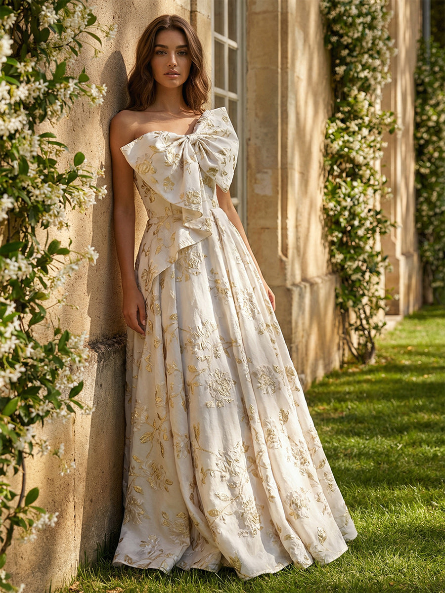 A-Line Strapless Floral Jacquard Prom Dresses Maxi Ball Gowns with Oversized Bow