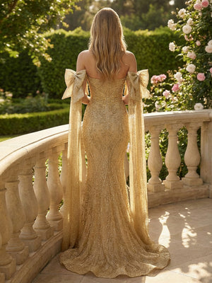 Strapless Mermaid Sequin Prom Dresses Maxi Evening Gowns with Draped Bow Sleeves & Sweep Train