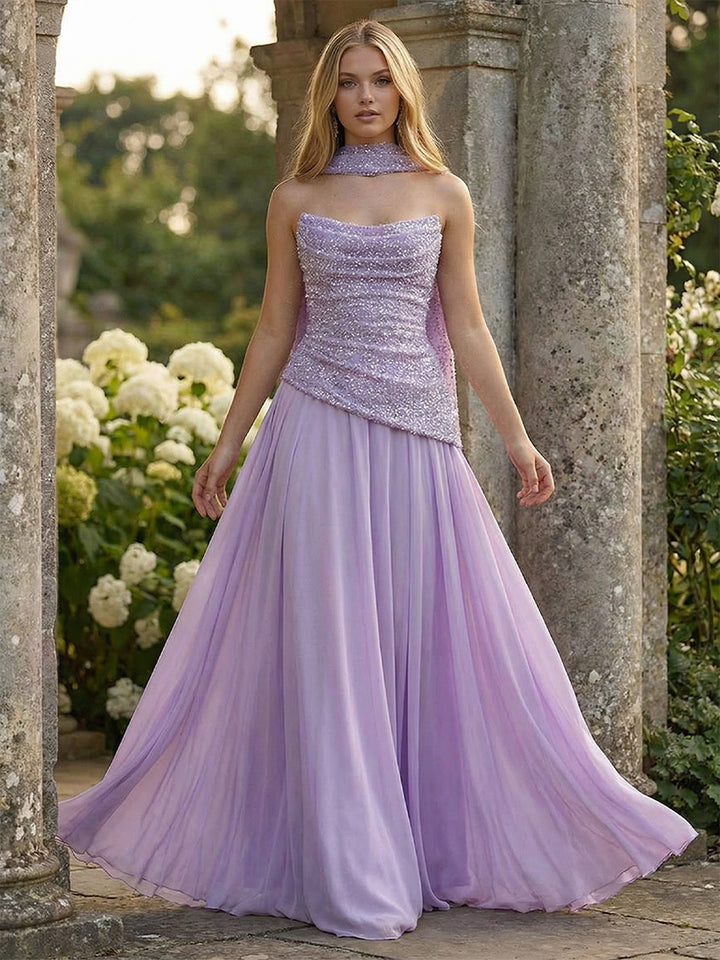 A-Line Strapless Chiffon Ruched Corset Formal Dresses Maxi Sequin Gowns with Scarf