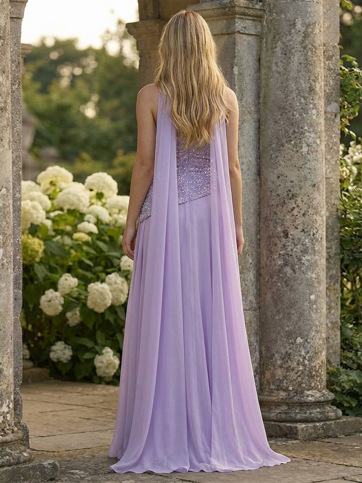 A-Line Strapless Chiffon Ruched Corset Formal Dresses Maxi Sequin Gowns with Scarf