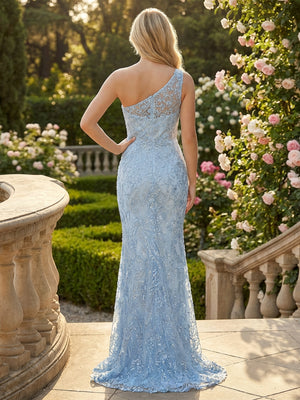Mermaid One Shoulder Lace Prom Dresses Maxi Evening Gowns with Sequin Floral Embroidery & Sweep Train