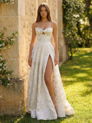 A-Line Strapless Sweetheart Floral Jacquard Prom Dresses Corset Cut-out Ball Gowns with Slit