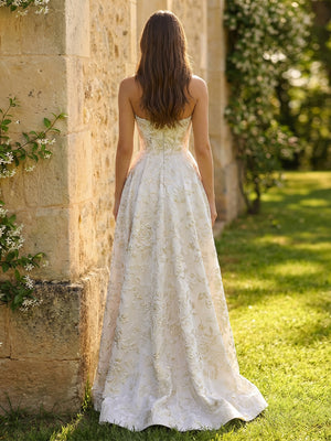 A-Line Strapless Sweetheart Floral Jacquard Prom Dresses Corset Cut-out Ball Gowns with Slit