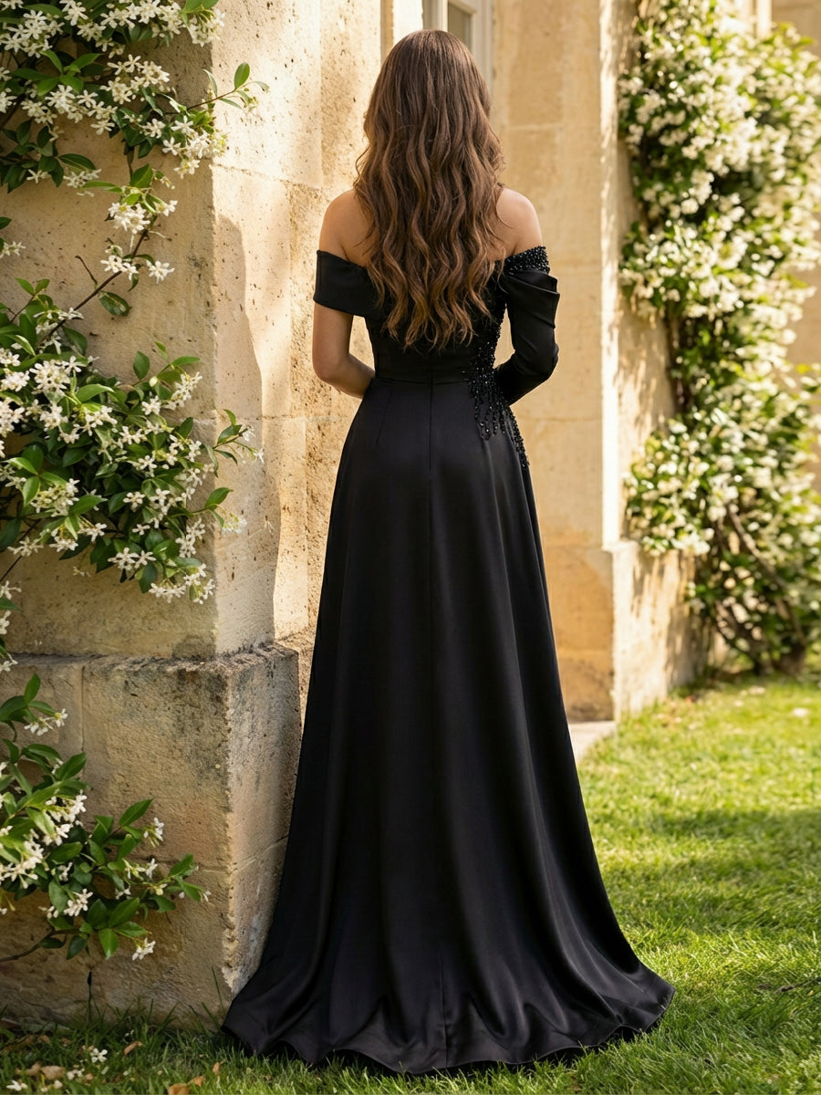 Sheath Satin Off Shoulder Evening Dresses Maxi Black-Tie Luxury Gowns with Rhinestones