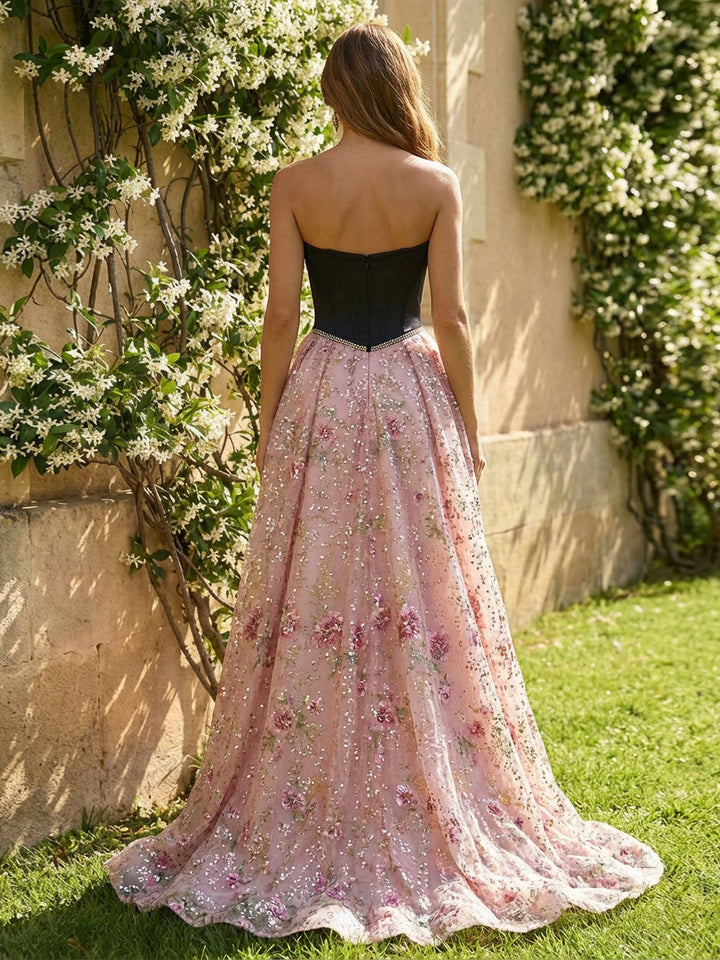 A-Line Tulle Evening Dresses Strapless Corset Bodice Maxi Ball Gowns with Floral Sequin Embroidery