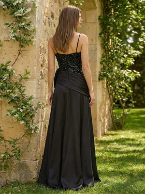 A-Line Satin Spaghetti Straps Prom Dresses Ruched Waist Maxi Evening Gowns with Sequin Corset Bodice & Slit