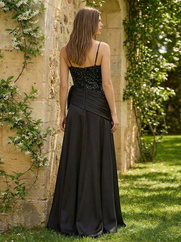 A-Line Satin Spaghetti Straps Prom Dresses Ruched Waist Maxi Evening Gowns with Sequin Corset Bodice & Slit