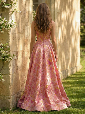 A-Line/Princess Floral Jacquard Sweetheart Prom Dresses Corset Maxi Ball Gowns with High Slit