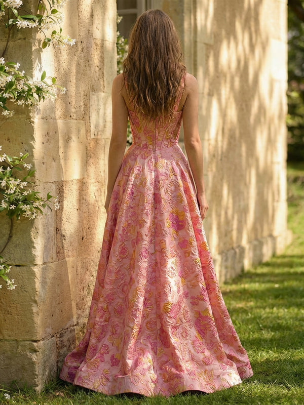 A-Line/Princess Floral Jacquard Sweetheart Prom Dresses Corset Maxi Ball Gowns with High Slit