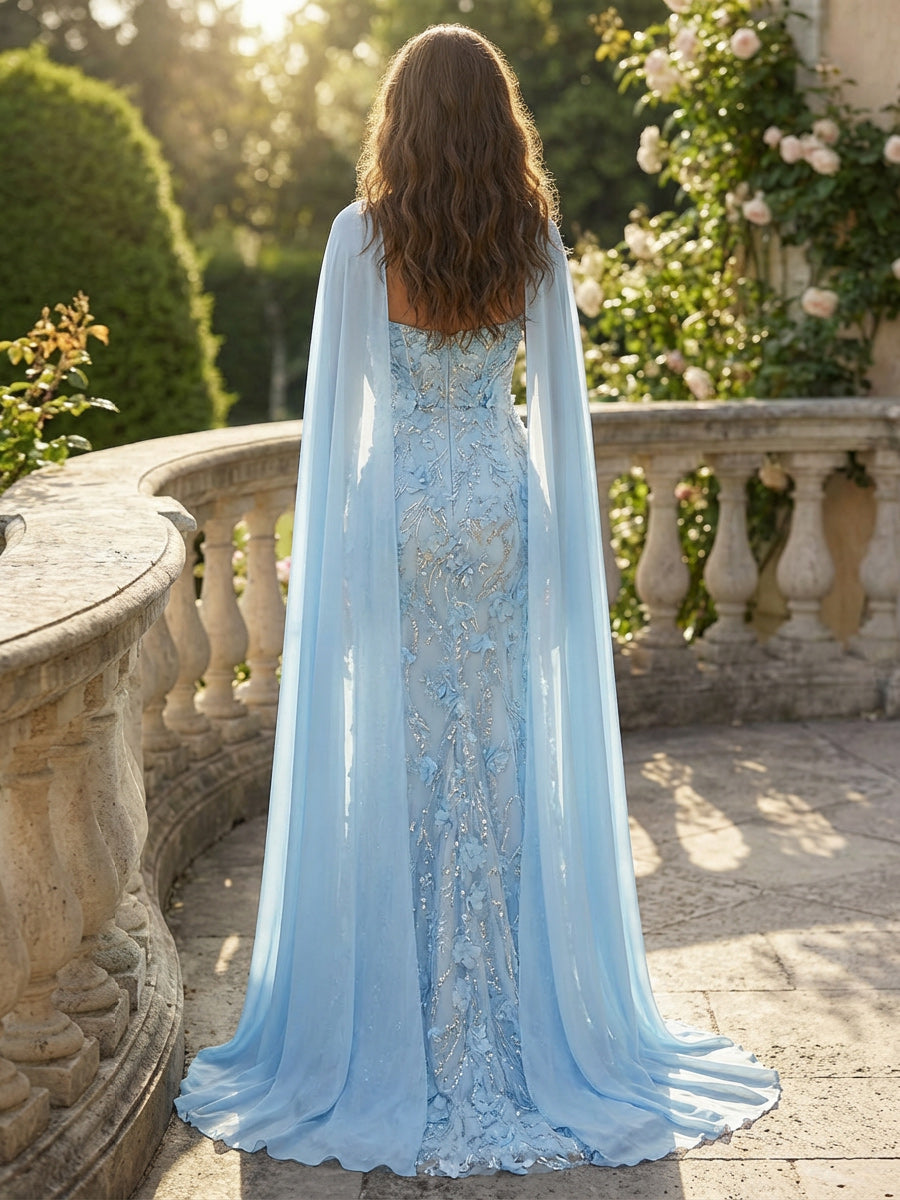 Sheath Strapless 3D Floral Beaded Bodice Prom Dresses Chiffon Cape Maxi Sequin Fairy Gowns with High Slit