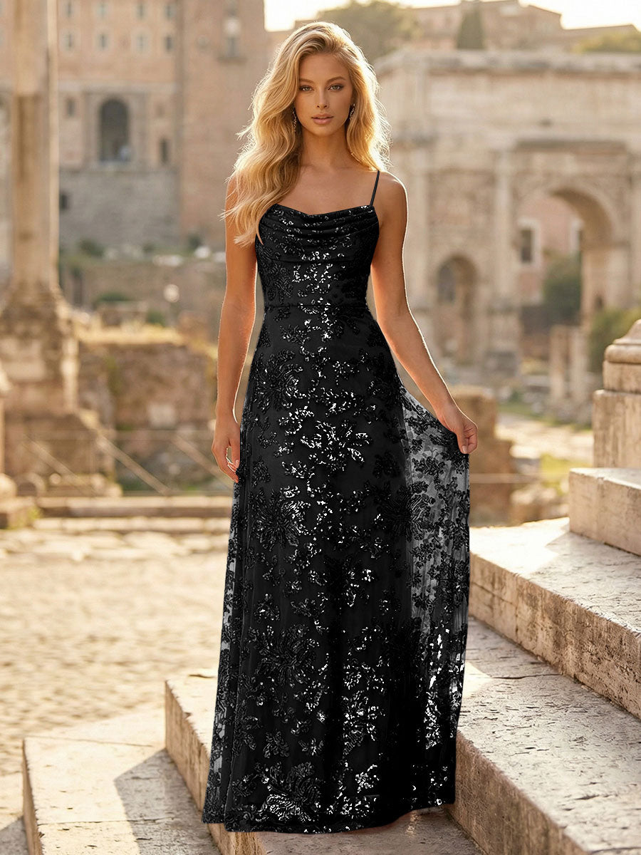 Spaghetti Straps Sequin Formal Dresses Maxi Formal Gowns with Pleats