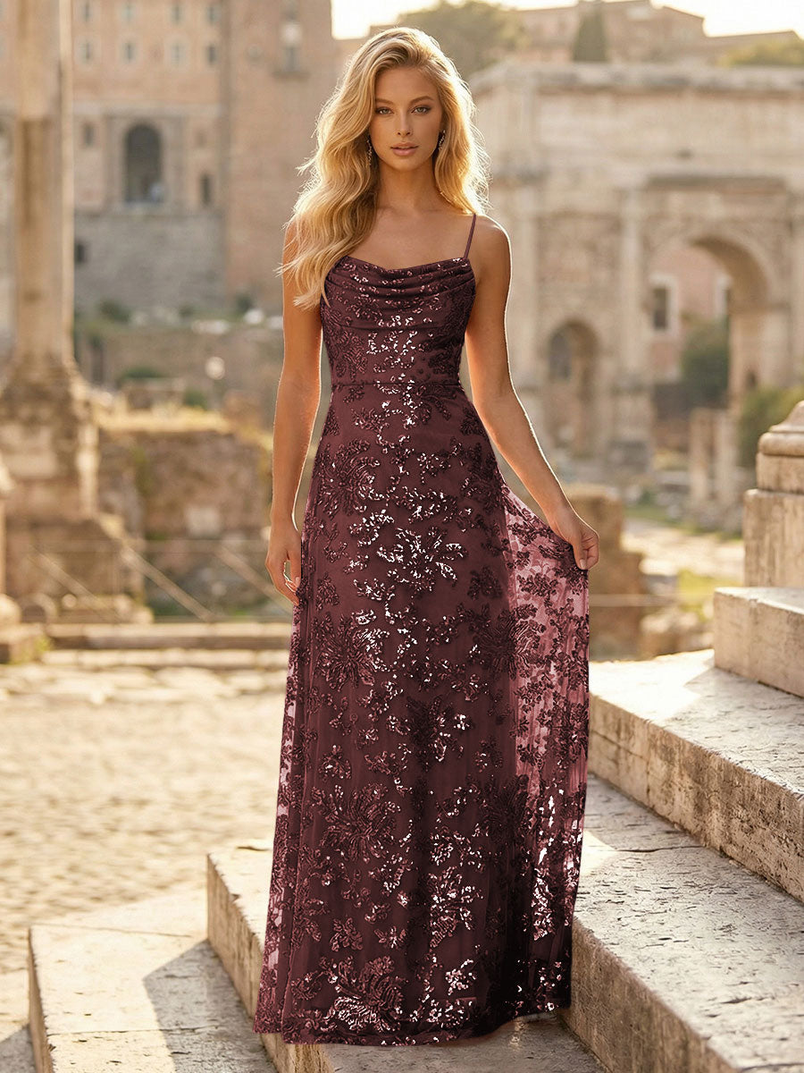 Spaghetti Straps Sequin Formal Dresses Maxi Formal Gowns with Pleats