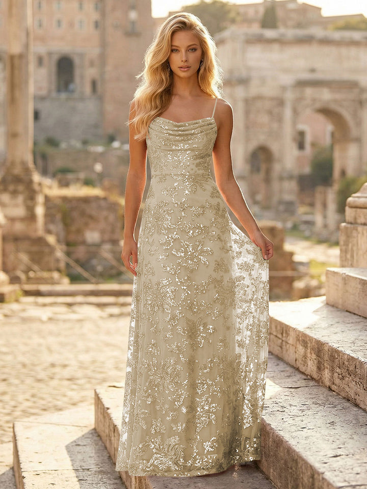 Spaghetti Straps Sequin Formal Dresses Maxi Formal Gowns with Pleats