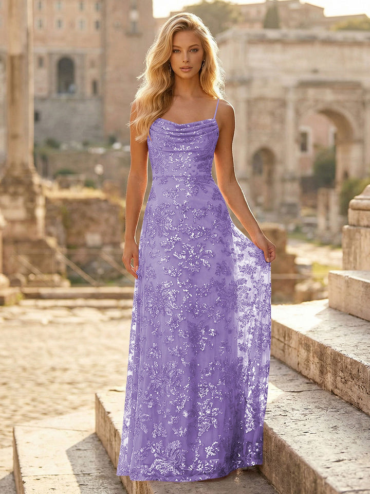 Spaghetti Straps Sequin Formal Dresses Maxi Formal Gowns with Pleats