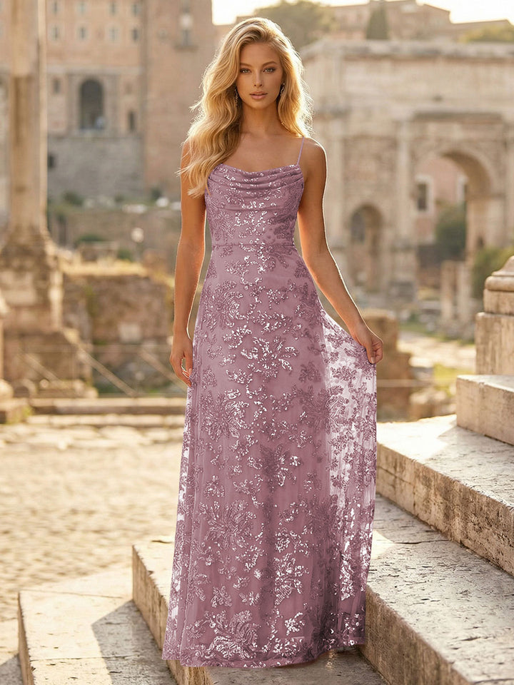 Spaghetti Straps Sequin Formal Dresses Maxi Formal Gowns with Pleats