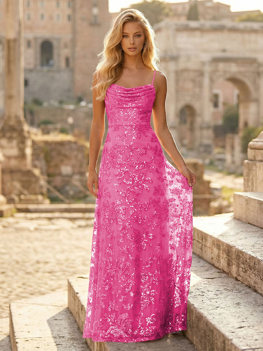 Spaghetti Straps Sequin Formal Dresses Maxi Formal Gowns with Pleats