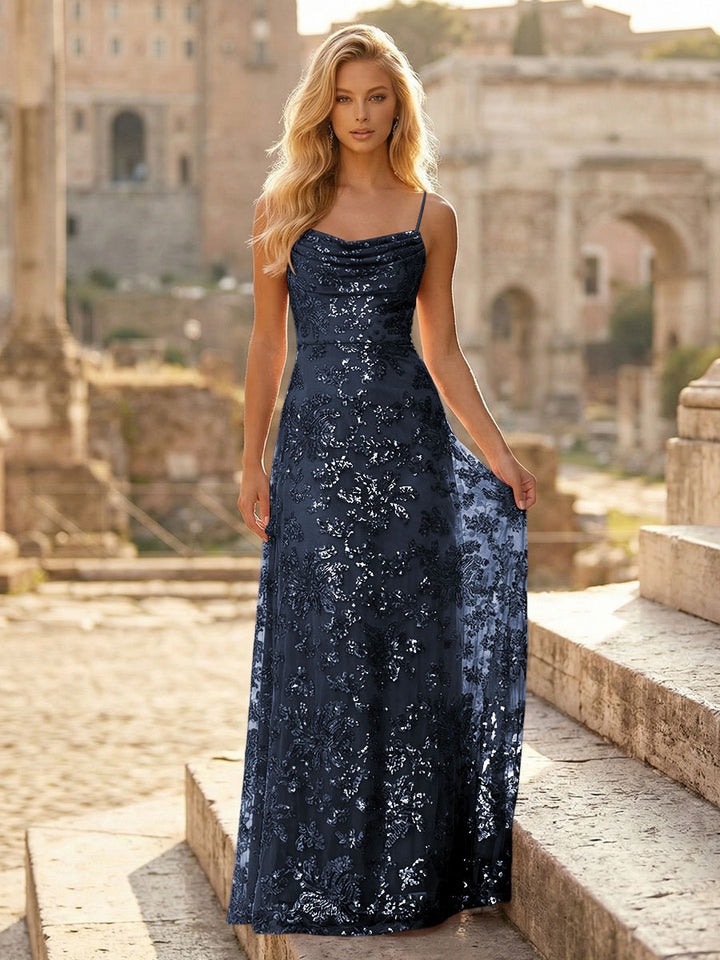 Spaghetti Straps Sequin Formal Dresses Maxi Formal Gowns with Pleats