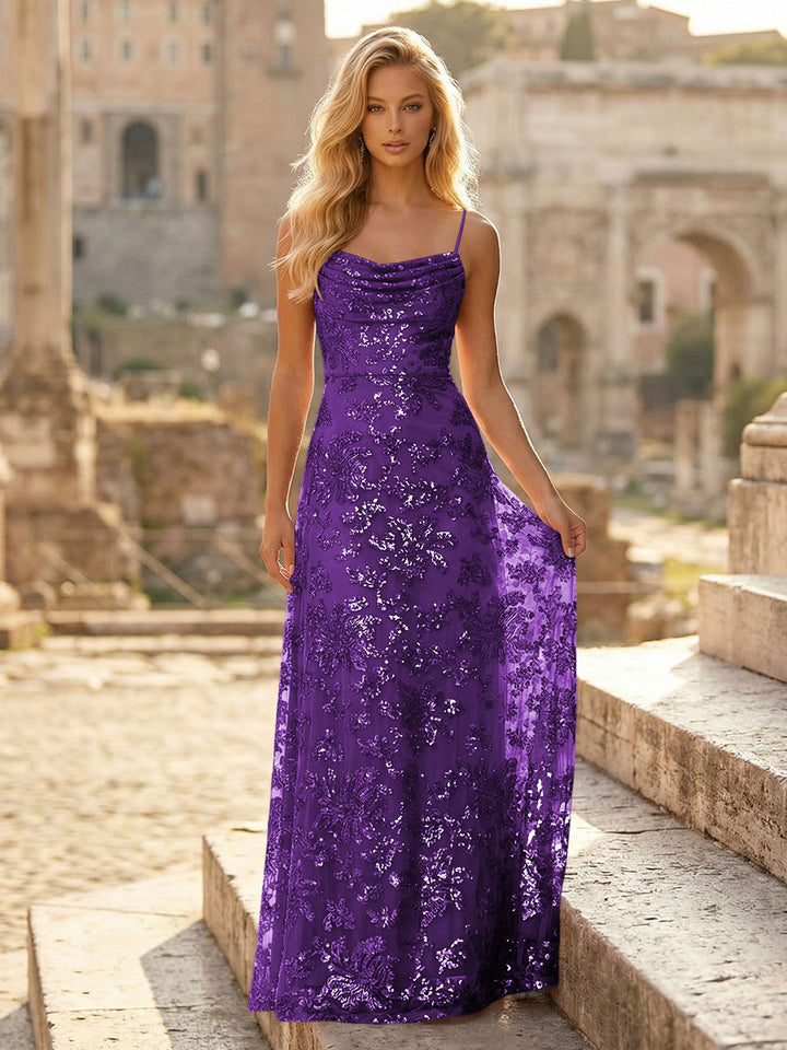 Spaghetti Straps Sequin Formal Dresses Maxi Formal Gowns with Pleats