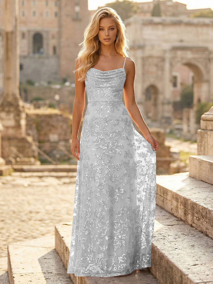 Spaghetti Straps Sequin Formal Dresses Maxi Formal Gowns with Pleats