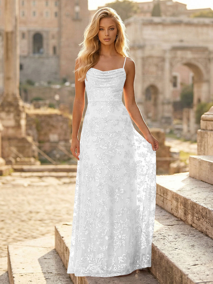 Spaghetti Straps Sequin Formal Dresses Maxi Formal Gowns with Pleats