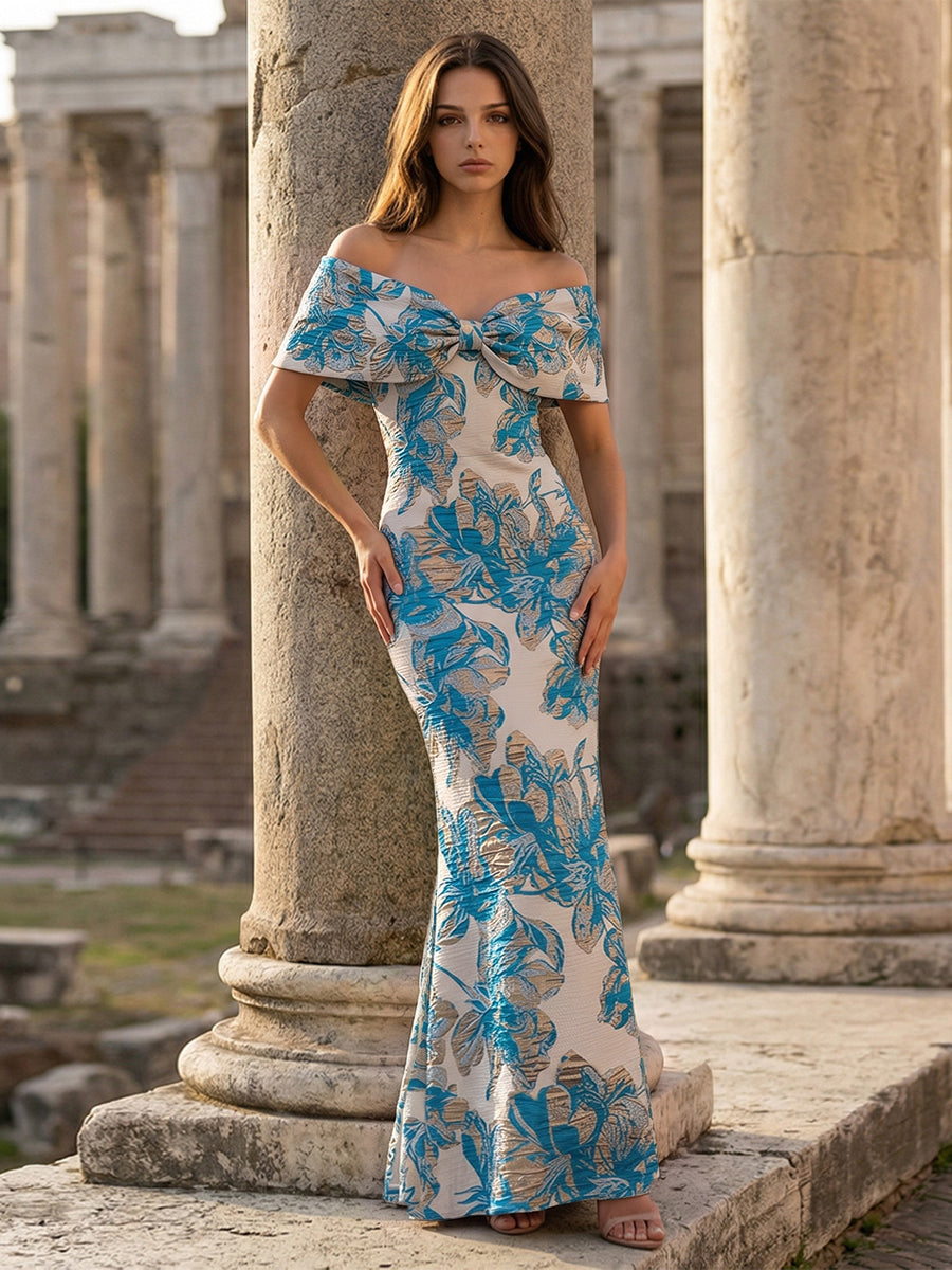 Off Shoulder Jacquard Evening Dresses Maxi Party Gowns with Bow