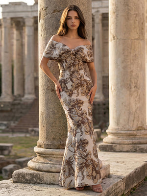 Off Shoulder Jacquard Formal Dresses Maxi Party Gowns with Bow
