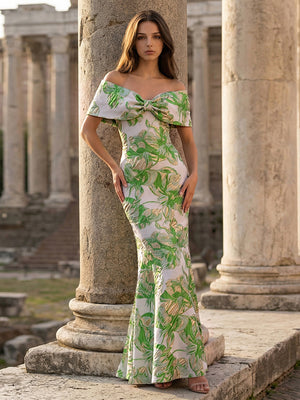Off Shoulder Jacquard Formal Dresses Maxi Party Gowns with Bow