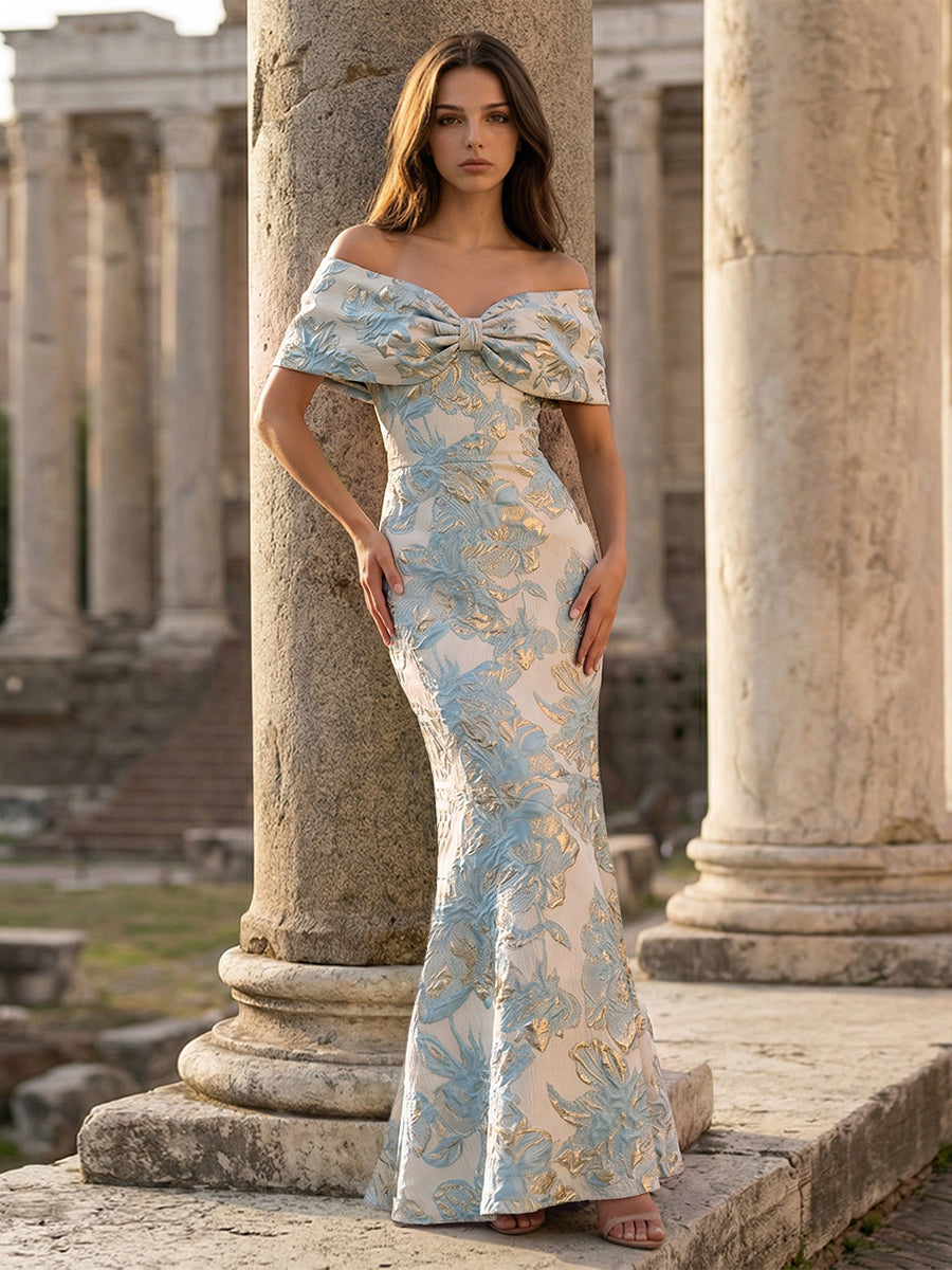 Off Shoulder Jacquard Evening Dresses Maxi Party Gowns with Bow