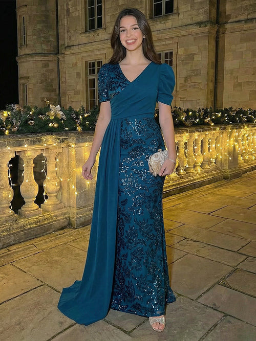 Short Sleeves Sequin Prom Dresses Maxi Evening Gowns