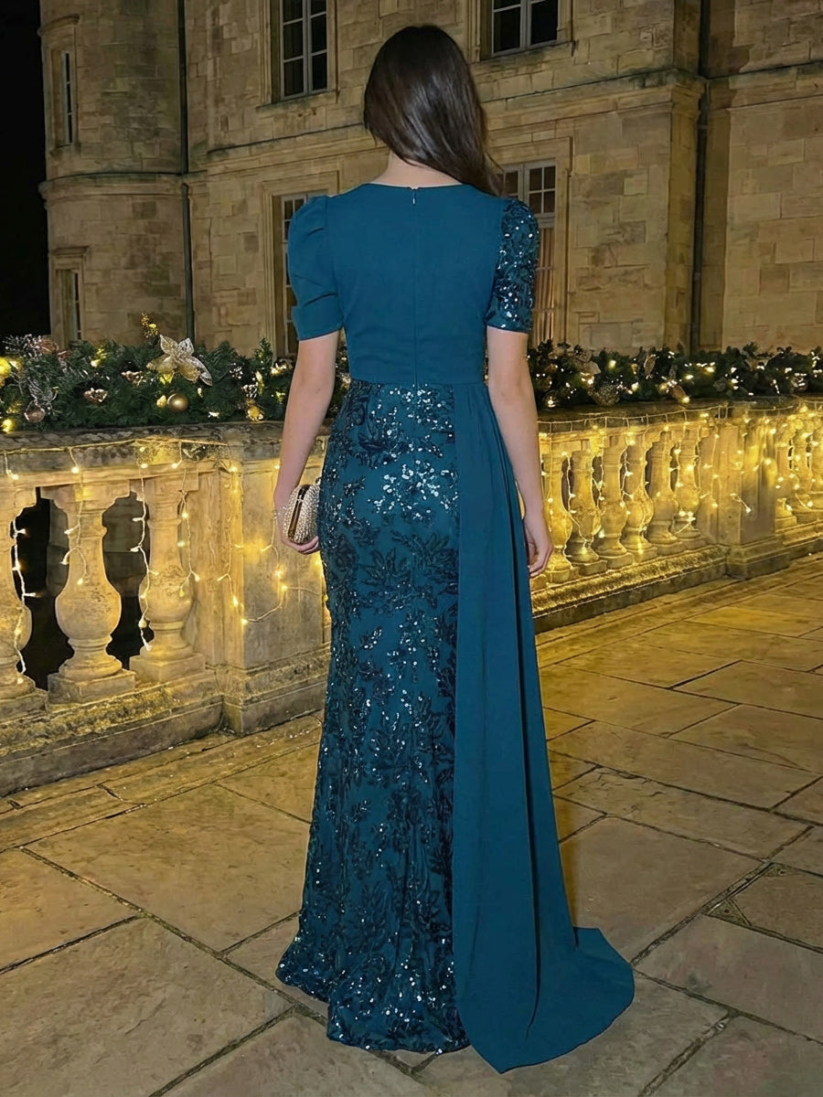 Short Sleeves Sequin Formal Dresses Maxi Evening Gowns