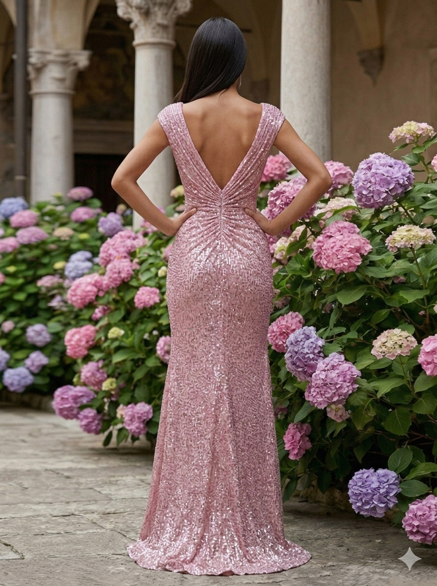 V Neck Sequin Formal Dresses Mermaid Maxi Evening Gowns with Slit